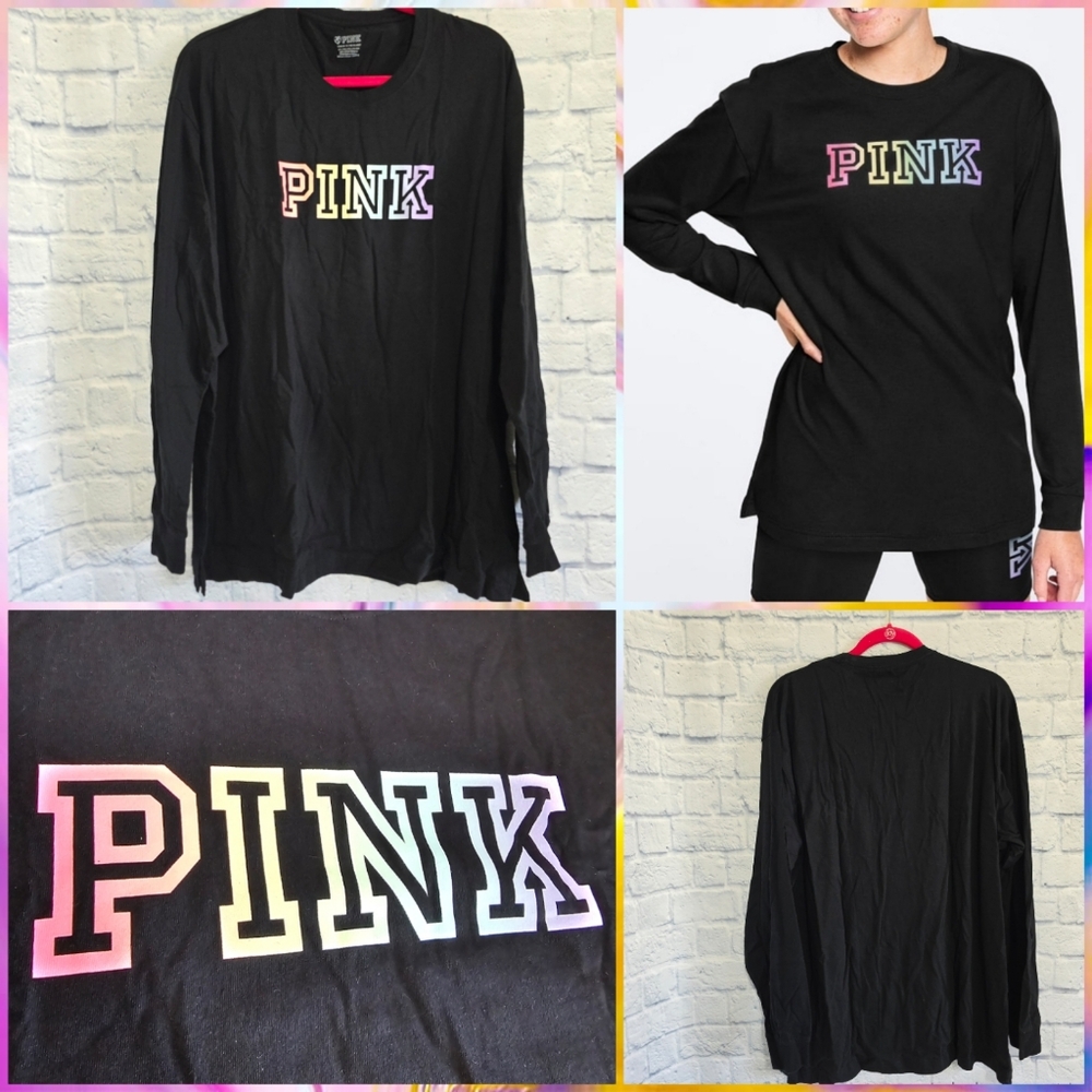 PINK Victoria's Secret Black Long Sleeve Tee Shirt Rainbow Logo Top New XXL
